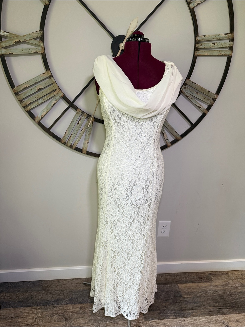 Marie St Claire Ivory Lace Evening Gown Draped Cowl Neck and Pearl Bead Trim